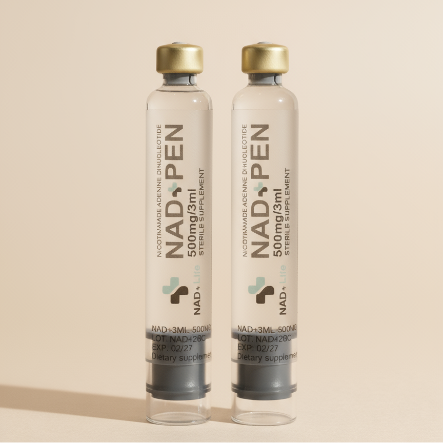 Two NAD-PEN cartridges bottles on a beige background